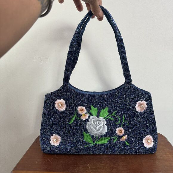 Vintage Blue Floral Beaded Handbag Indie Fairy Purse Boho 90s - Picture 2 of 11